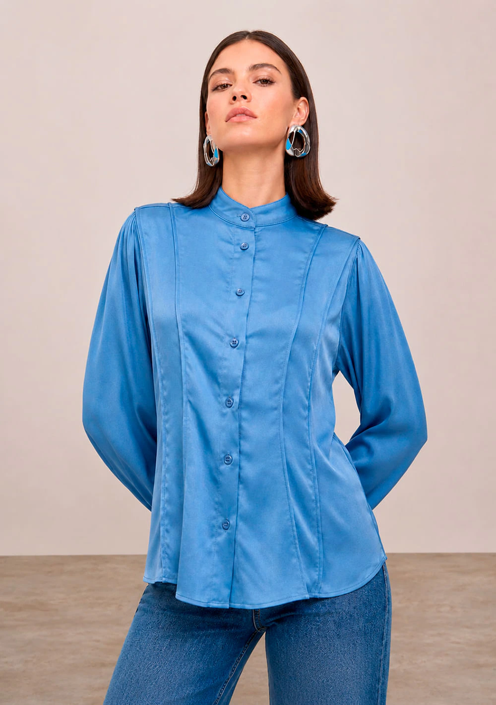 Camisa Iódice Ajustada Gola Padre Manga Longa Padrão Azul