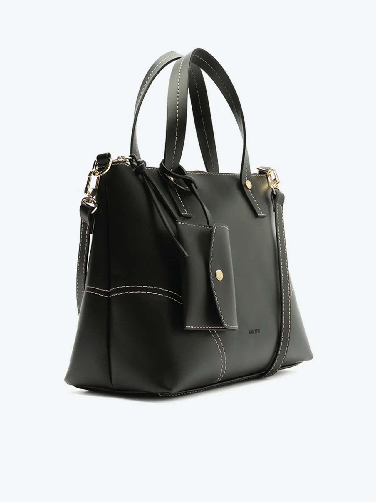 Bolsa Tote Média Pesponto Metais Dourados Preta