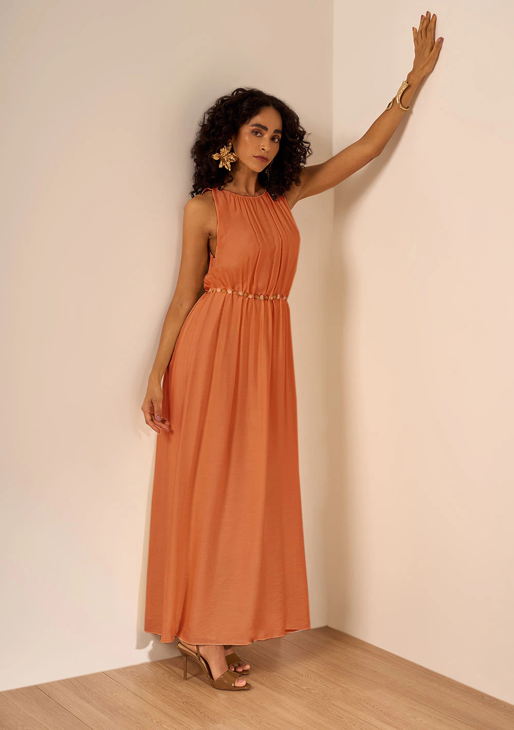 Vestido Longo Flor de Chá Laranja