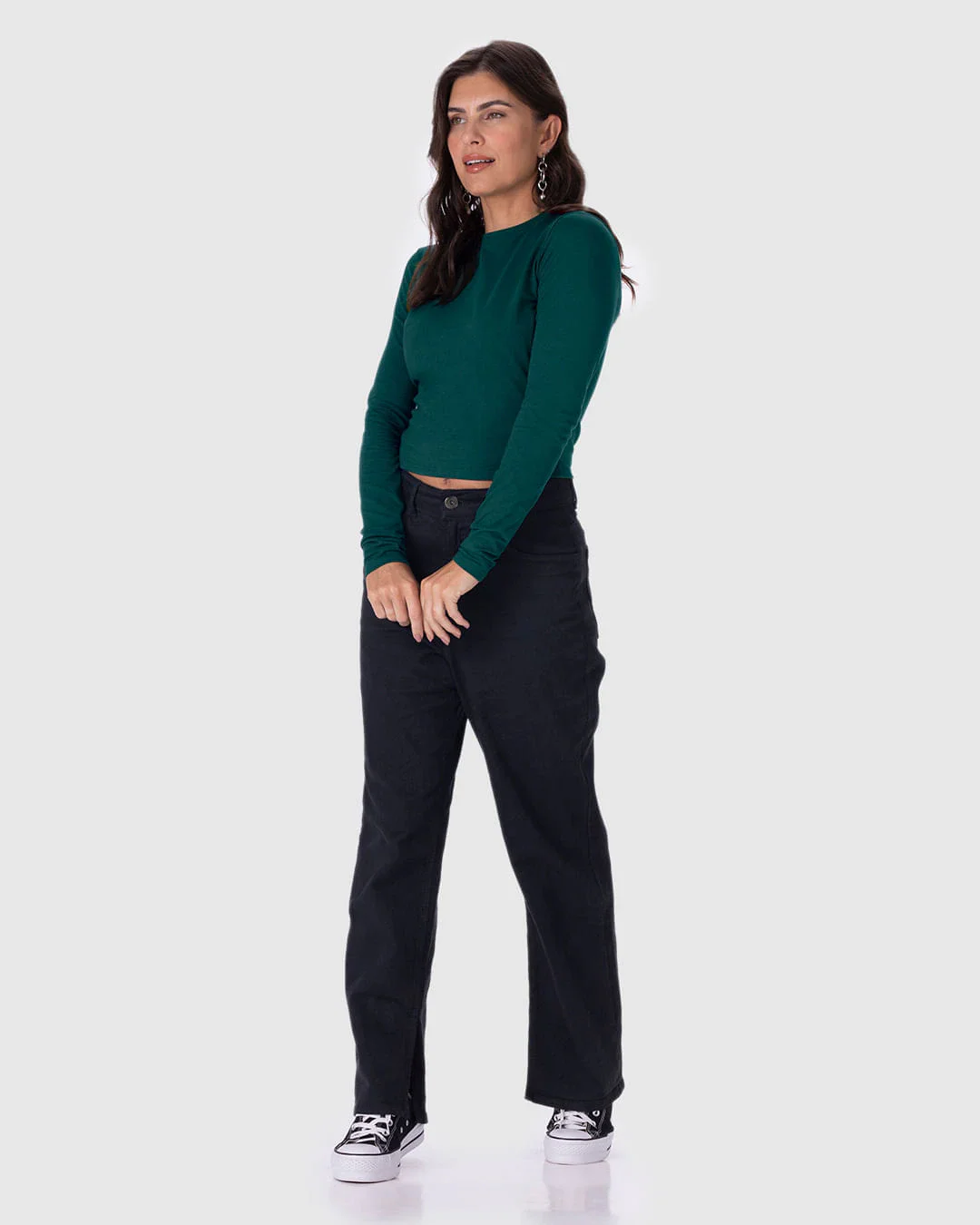 Blusa Cropped Feminina Decote Redondo Manga Longa Em Algodão