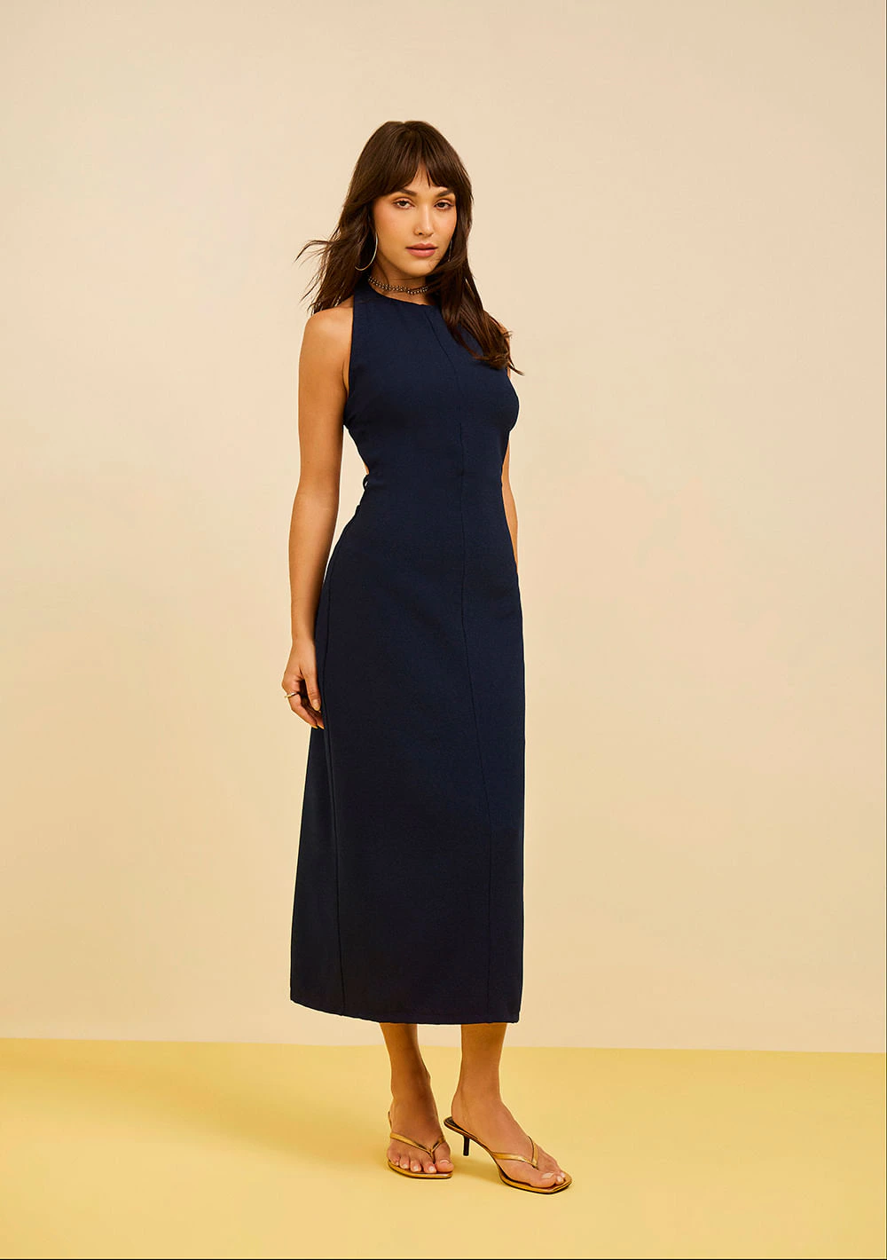 Vestido Zinco Ajustado Decote Careca Sem Manga Midi Azul
