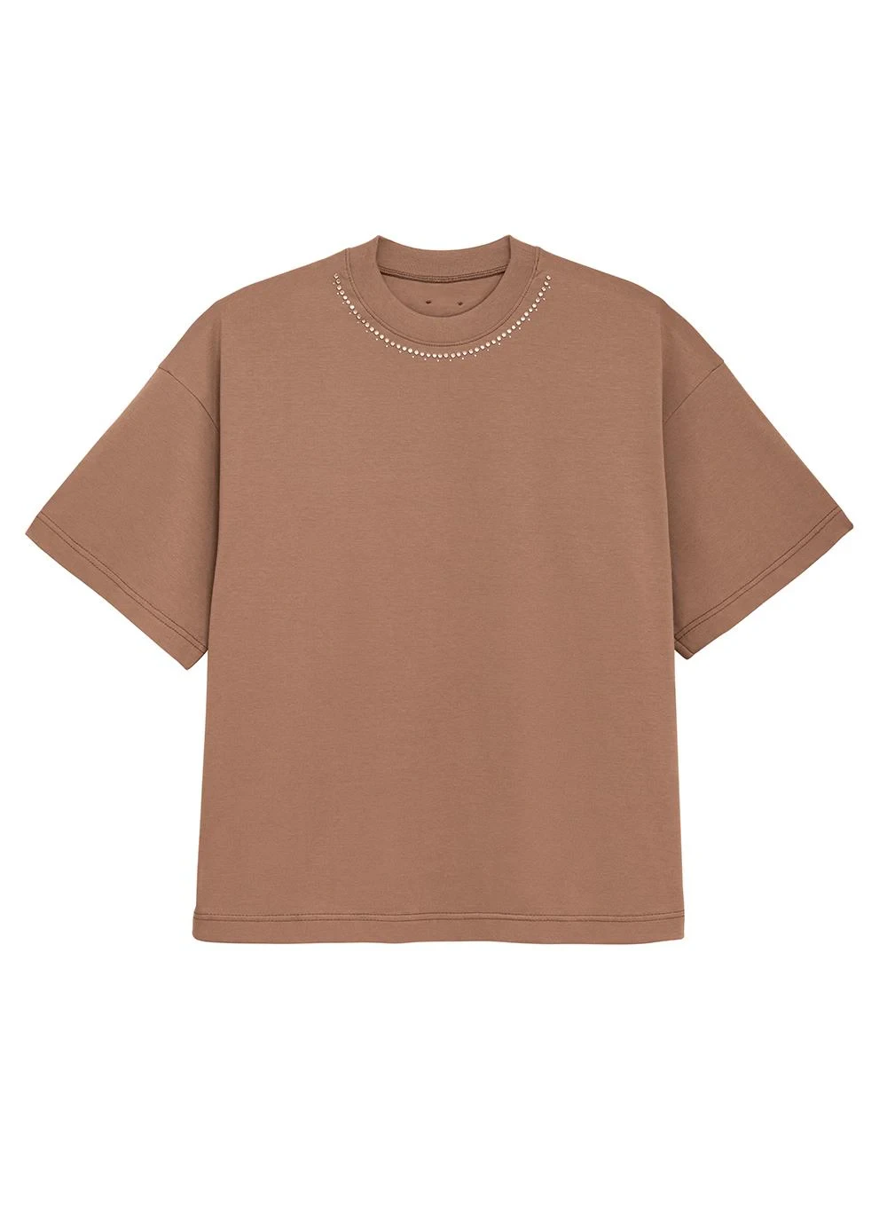Enfim - Camiseta Feminina Ampla com Pedraria Marrom