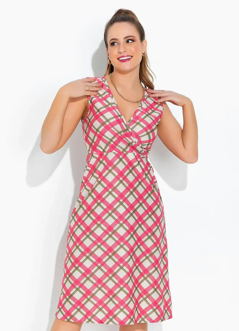 Rosalie - Vestido Xadrez Rosa sem Manga