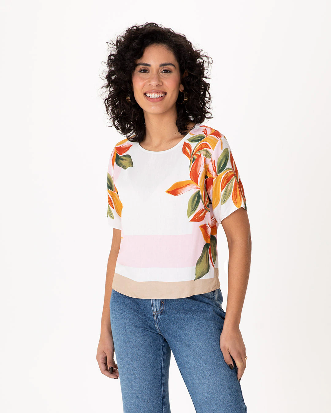 Blusa Box Feminina Manga Curta Estampa Digital Em Viscose