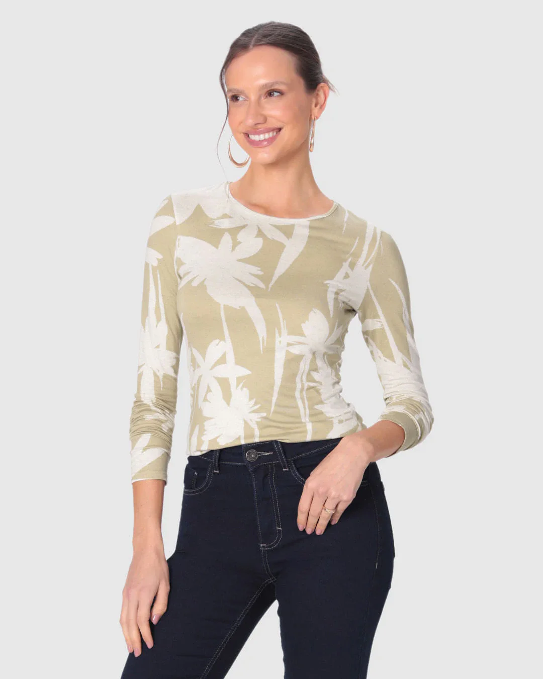 Blusa Feminina Justa Manga Longa Estampada Em Malha Viscolinho Stretch