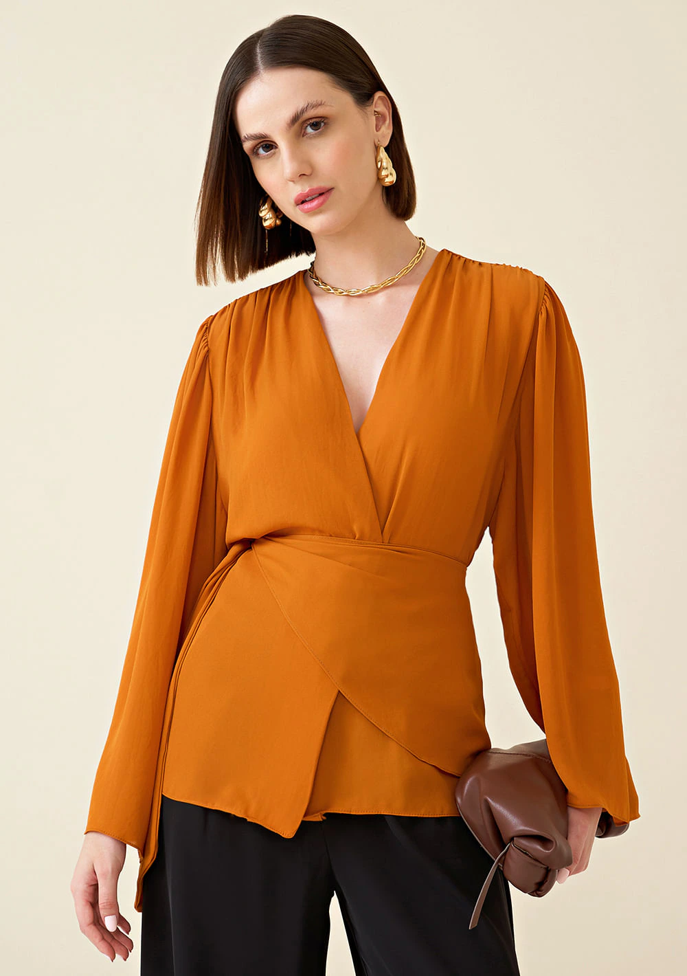 Blusa Maria.Valentina Decote V Manga Longa Com Franzido Laranja