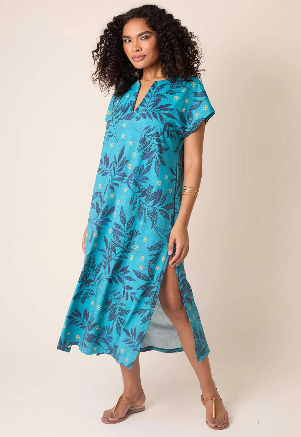 Vestido Fluxt Kaftan com Decote V - Nature Print Blue