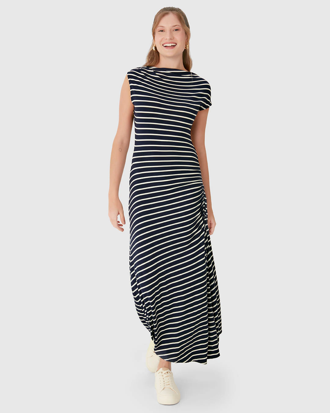 Vestido Midi Feminino Assimétrico Em Malha Viscose Listrada