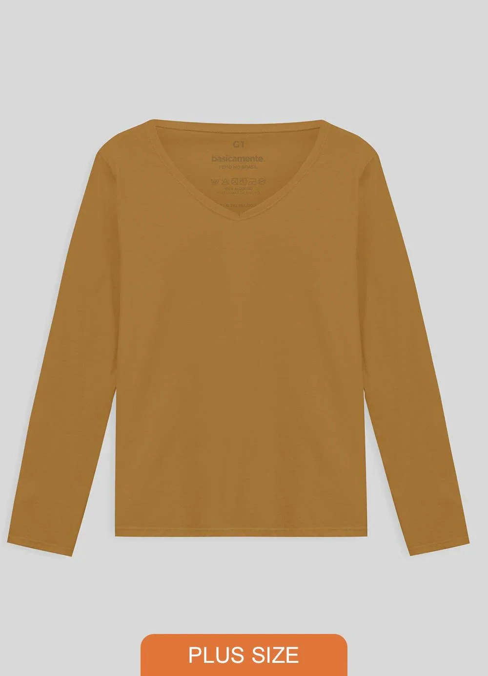 Basicamente - Camiseta Slim Gola V Manga Longa Plus Feminina