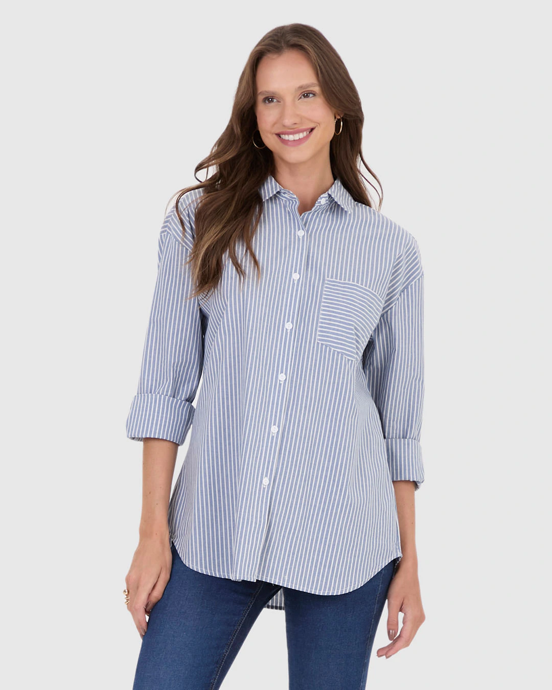 Camisa Ampla Feminina Listrada Bolso Frontal Em Algodão
