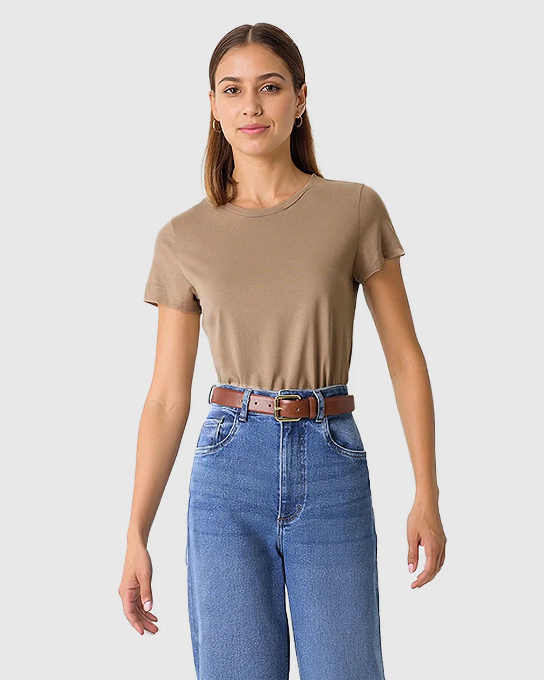 Blusa Básica Feminina Decote Redondo Manga Curta Em Malha Algodão Pima
