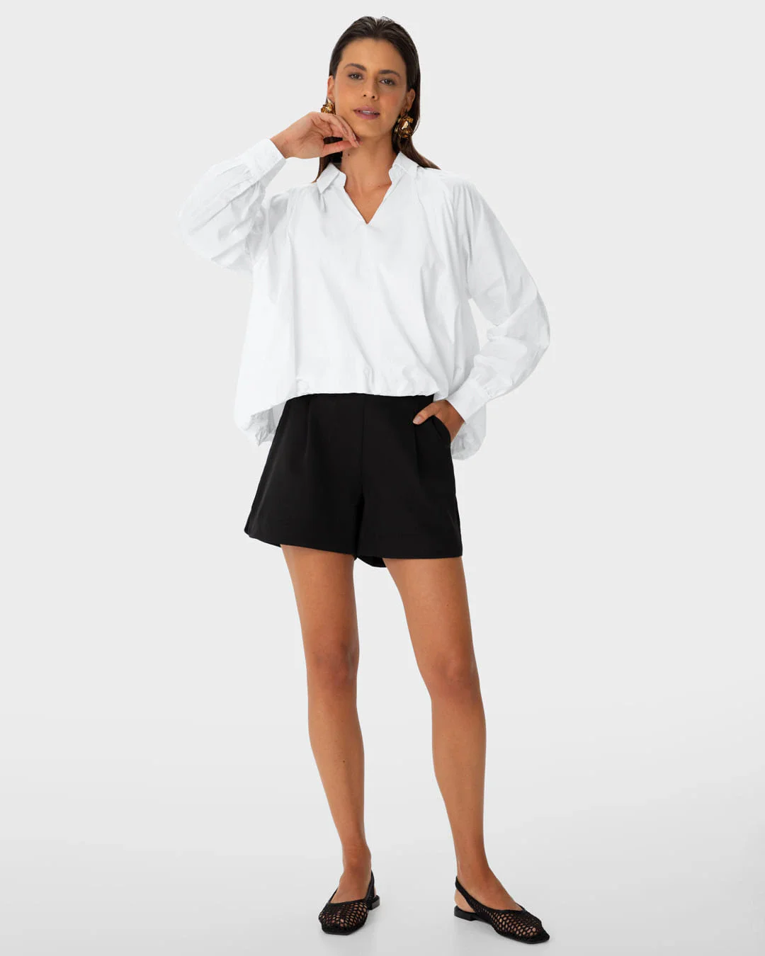 Camisa Feminina Balonê Gola V E Manga Longa Em Tricoline - ENFIM