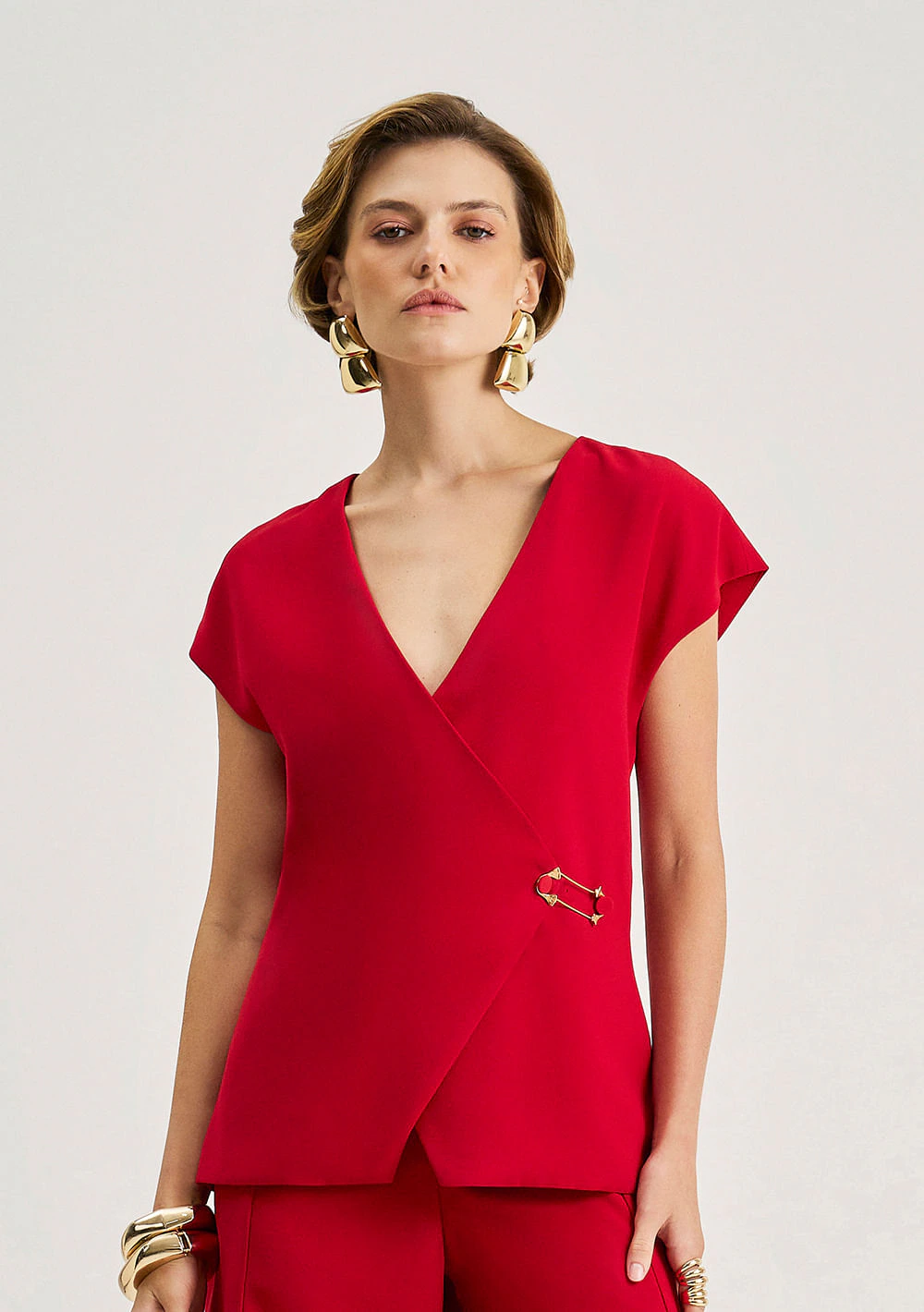 Blusa Iódice Ajustada Decote V Manga Curta Padrão Vermelho