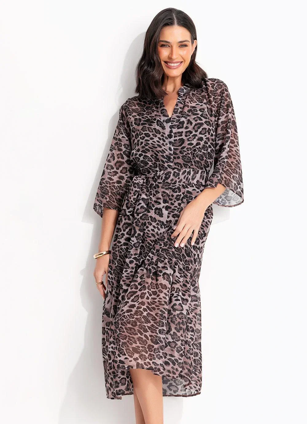Quintess - Vestido Onça Marrom em Tecido Chiffon