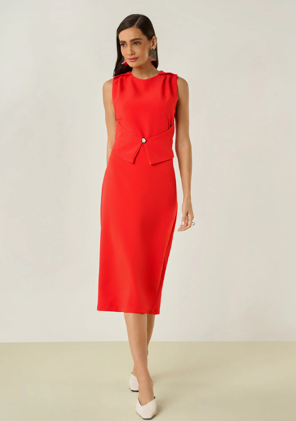 Vestido Maria.Valentina Solto Decote Careca Sem Manga Midi Vermelho