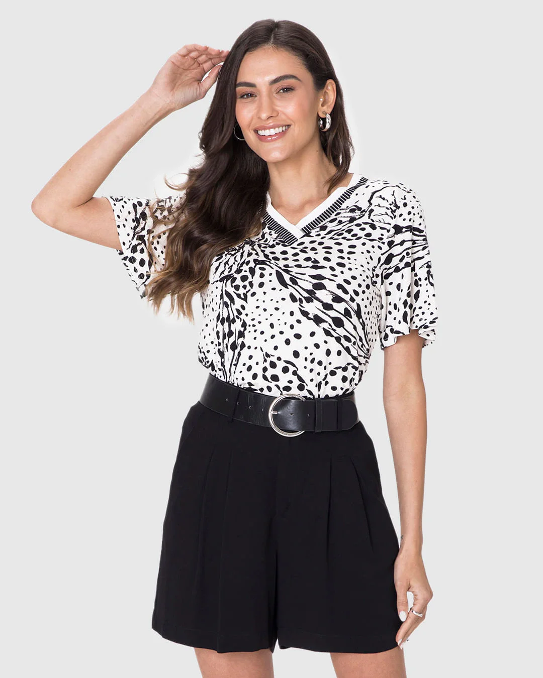 Blusa Ampla Feminina Decote V Retilínea Em Malha Viscolinho Stretch