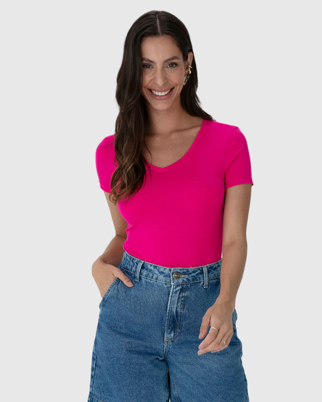 Blusa Básica Feminina Decote V Em Viscose Stretch