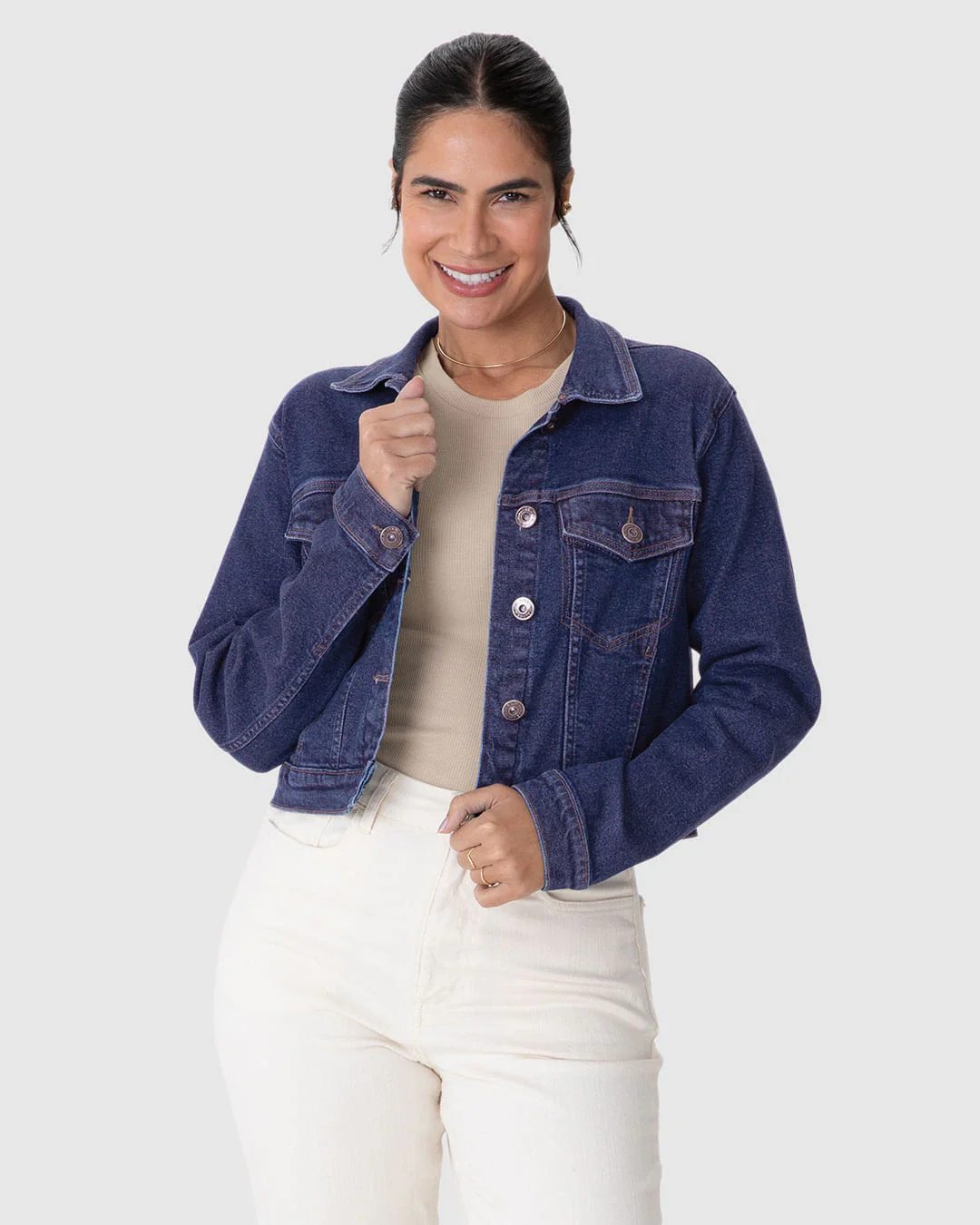 Jaqueta Feminina Tradicional Em Jeans Com Elastano