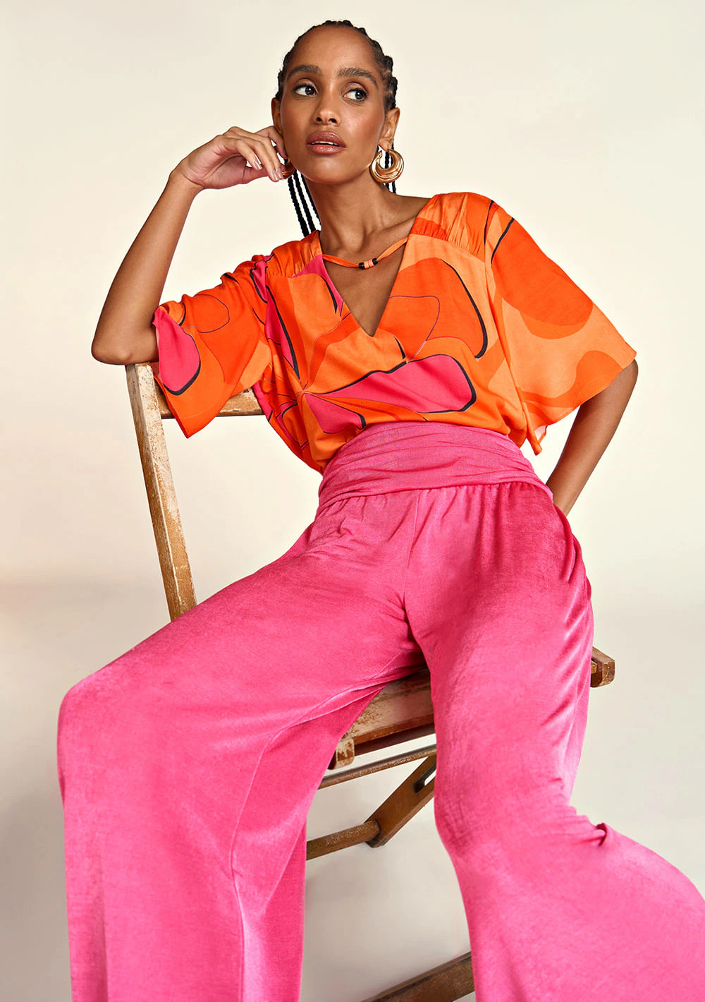 Blusa Zinco Decote V Manga Ampla Detalhe Decote Laranja