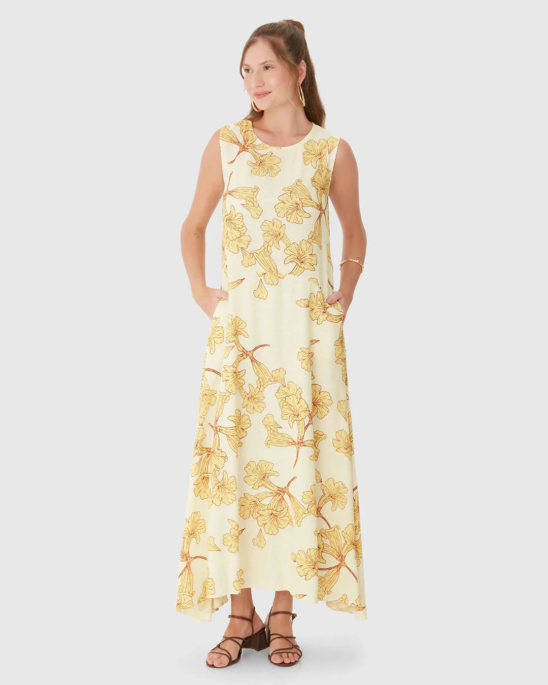 Vestido Midi Feminino Bolso Funcional Em Viscolinho Texturizado