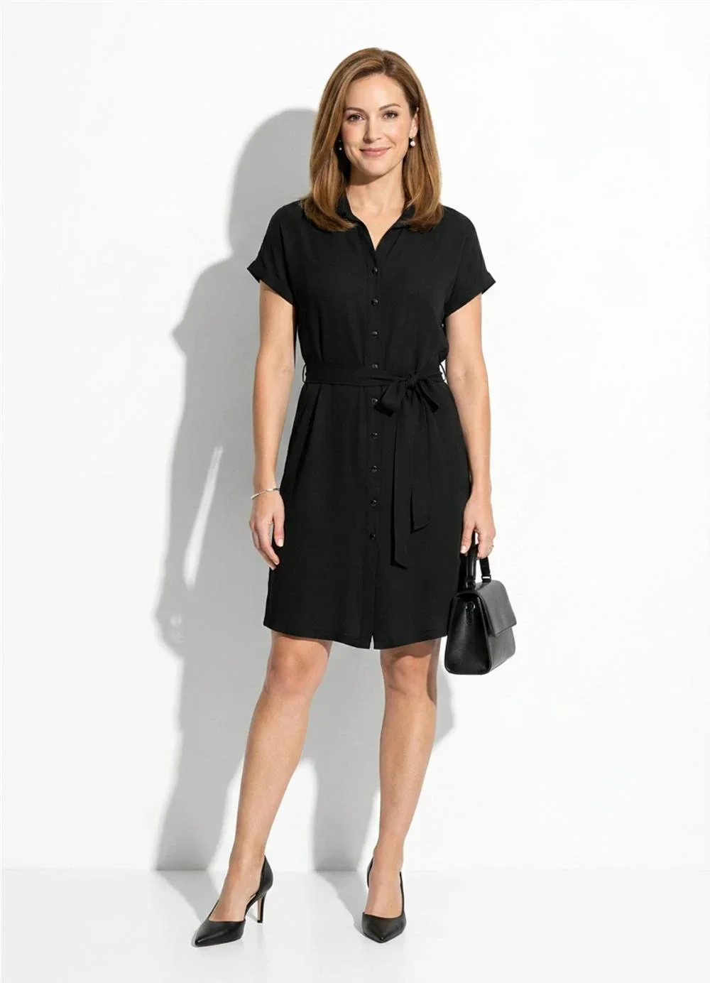 Marialícia - Vestido Feminino Midi Chemise com Faixa Preto