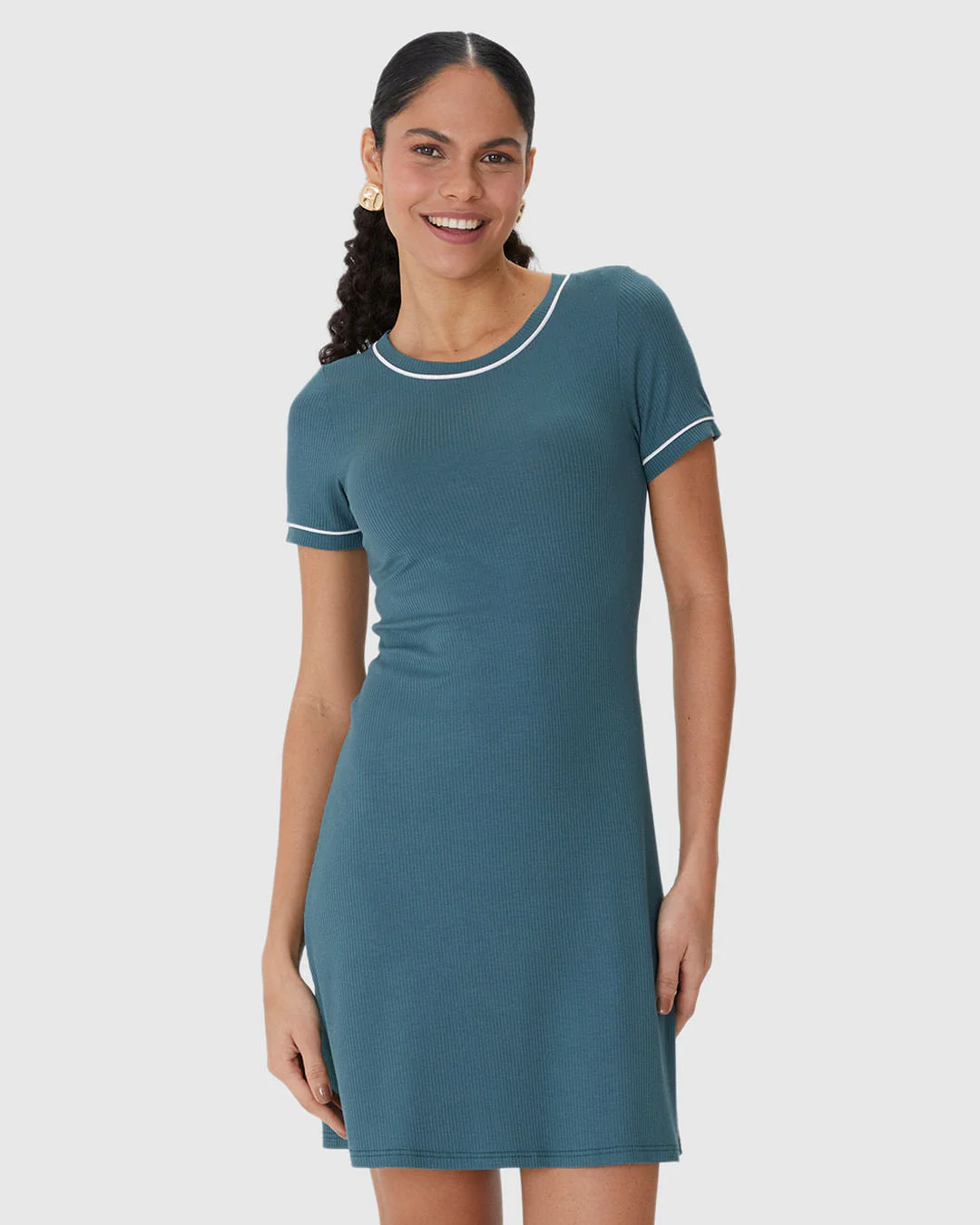 Vestido Básico Feminino Costura Contraste Em Malha Viscose Canelada