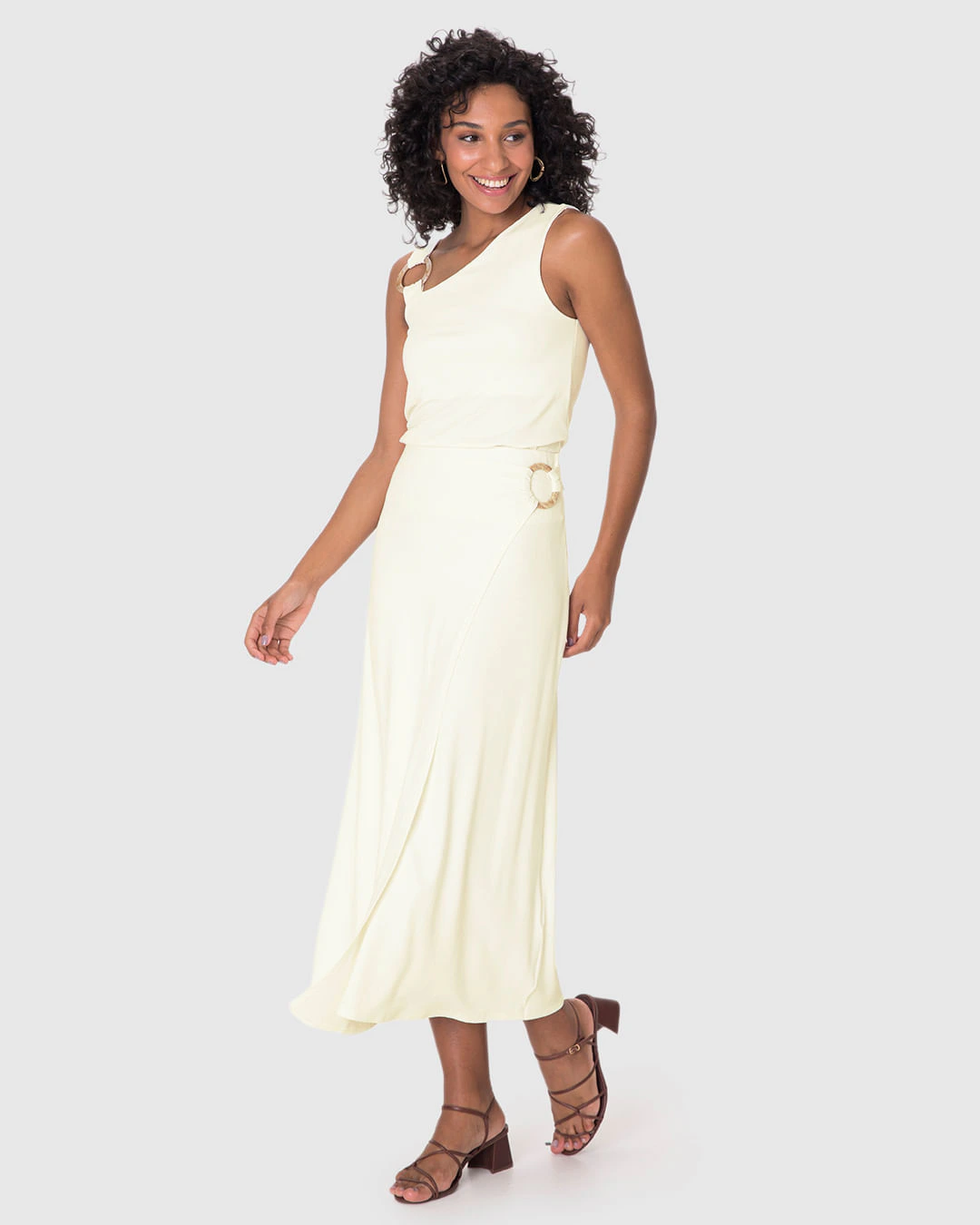 Saia Midi Feminina Evasê Detalhe Com Argola Em Malha Viscose Stretch