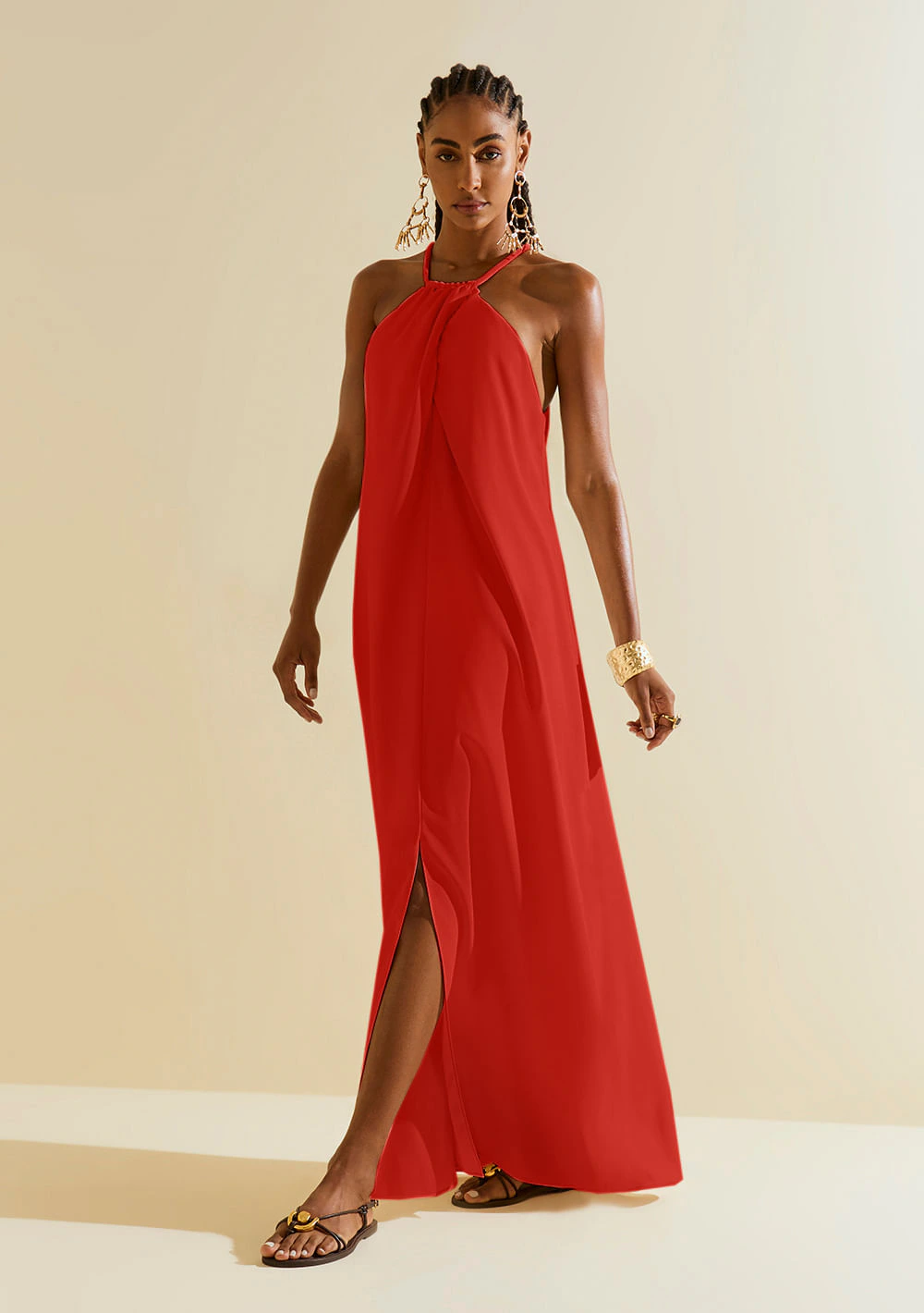Vestido Morena Rosa Ajustado Decote V Sem Manga Midi Vermelho