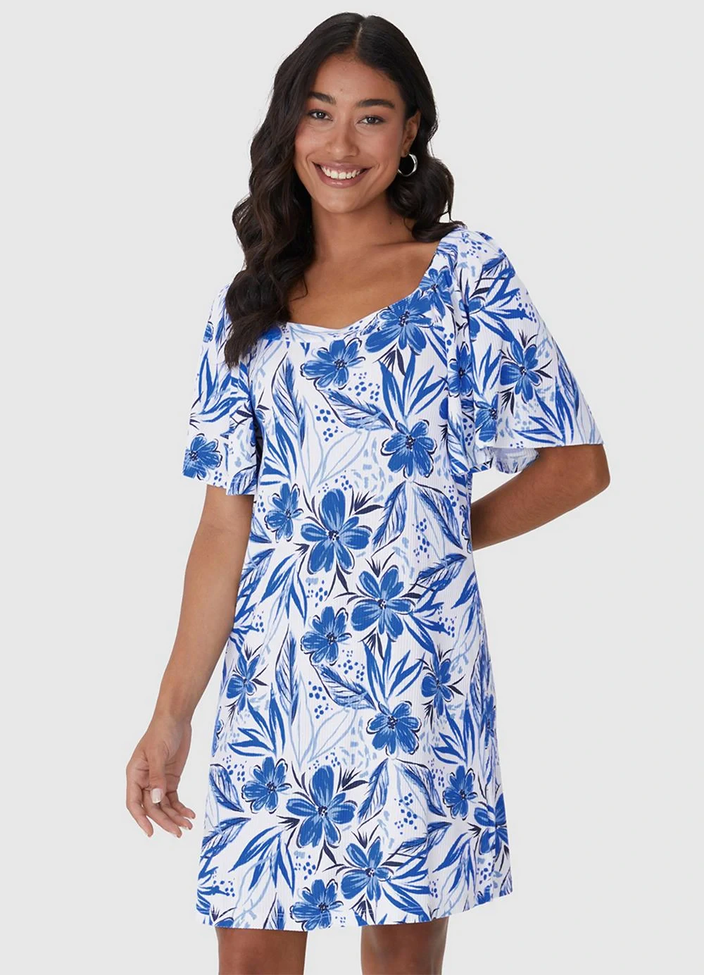 Malwee - Vestido Floral Evasê Canelado Azul Royal