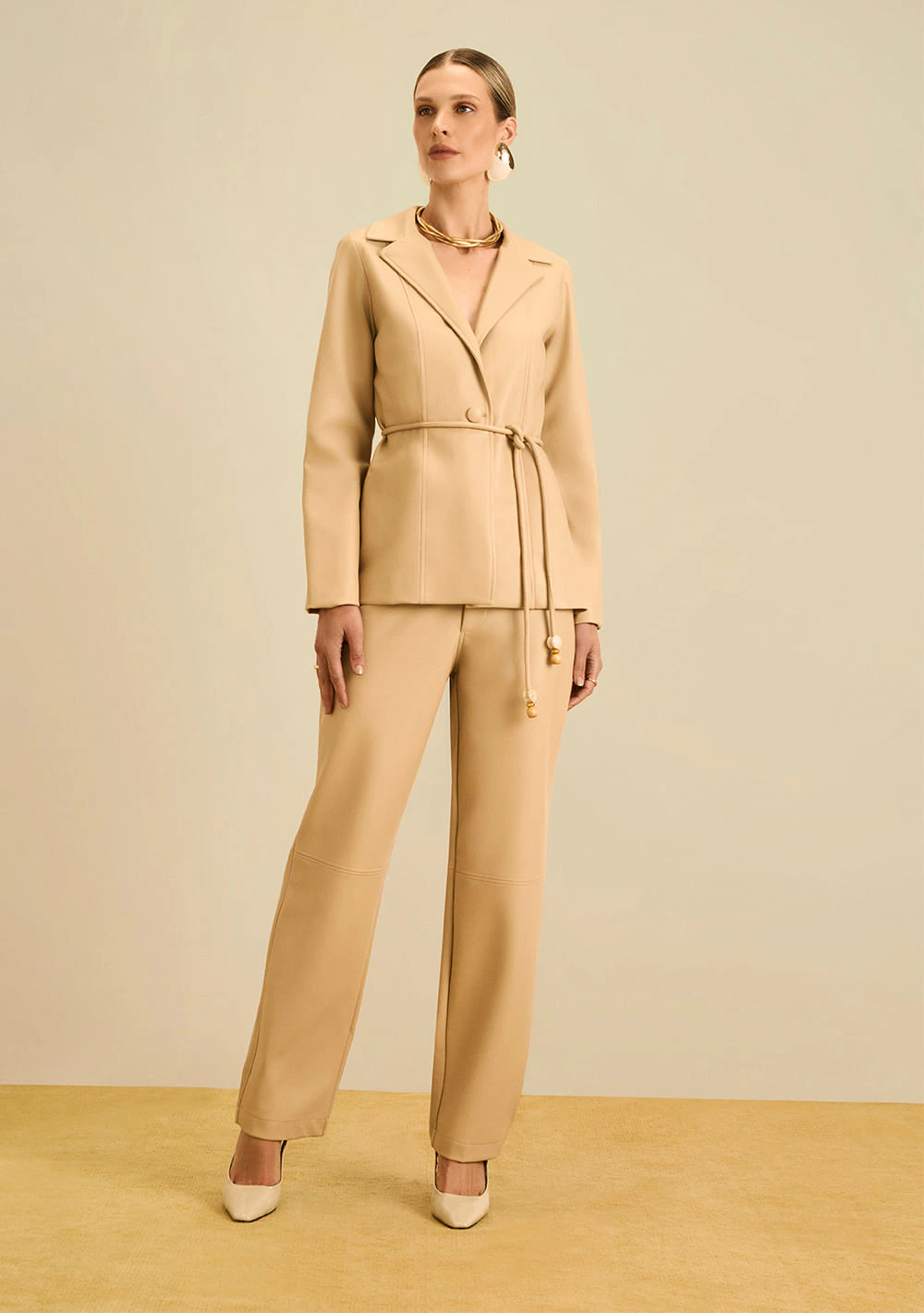 Blazer Maria.Valentina Ajustado Manga Longa Padrão Bege