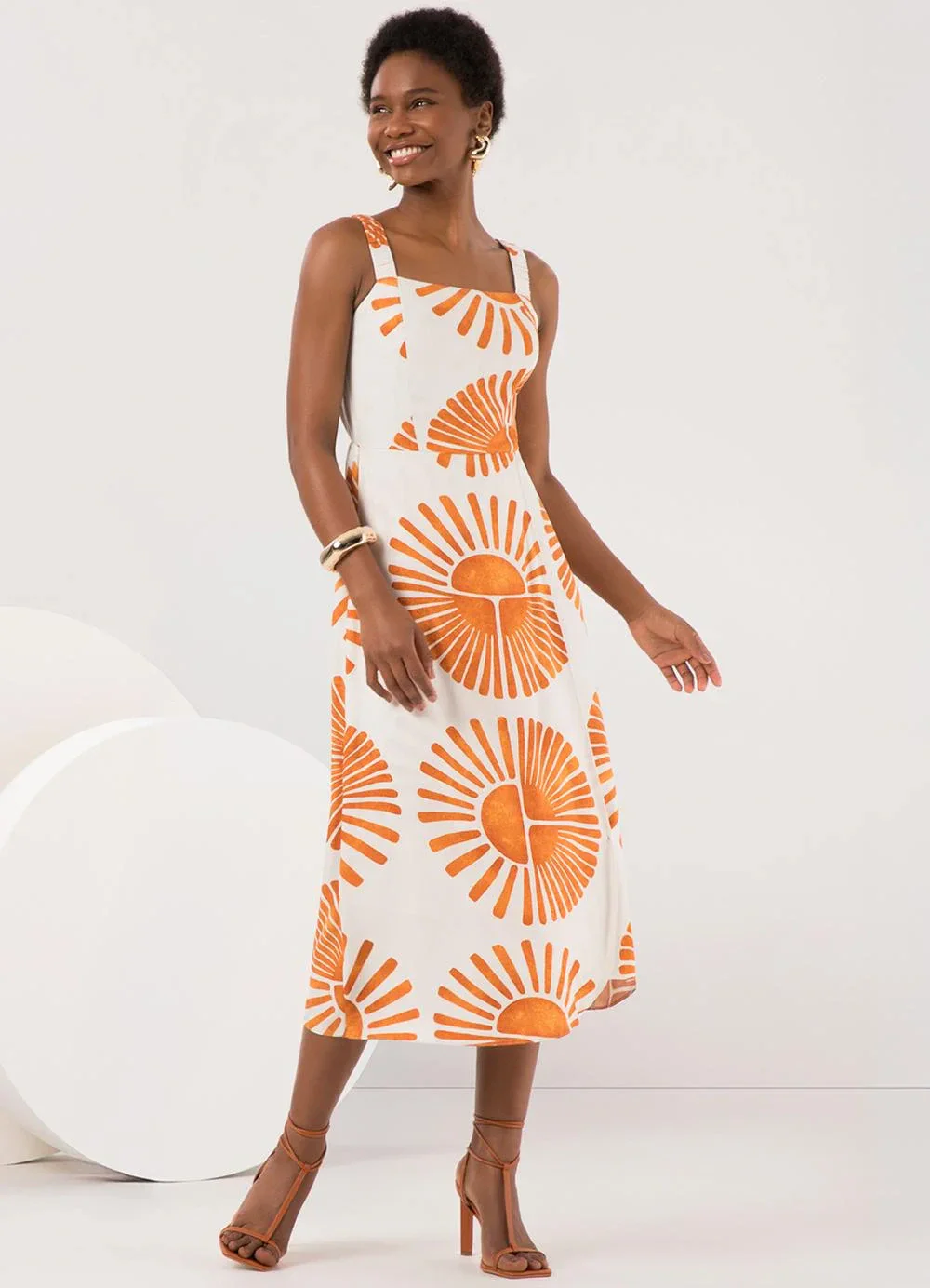 Lunender - Vestido Midi Chá Estampado com Alças Amarelo