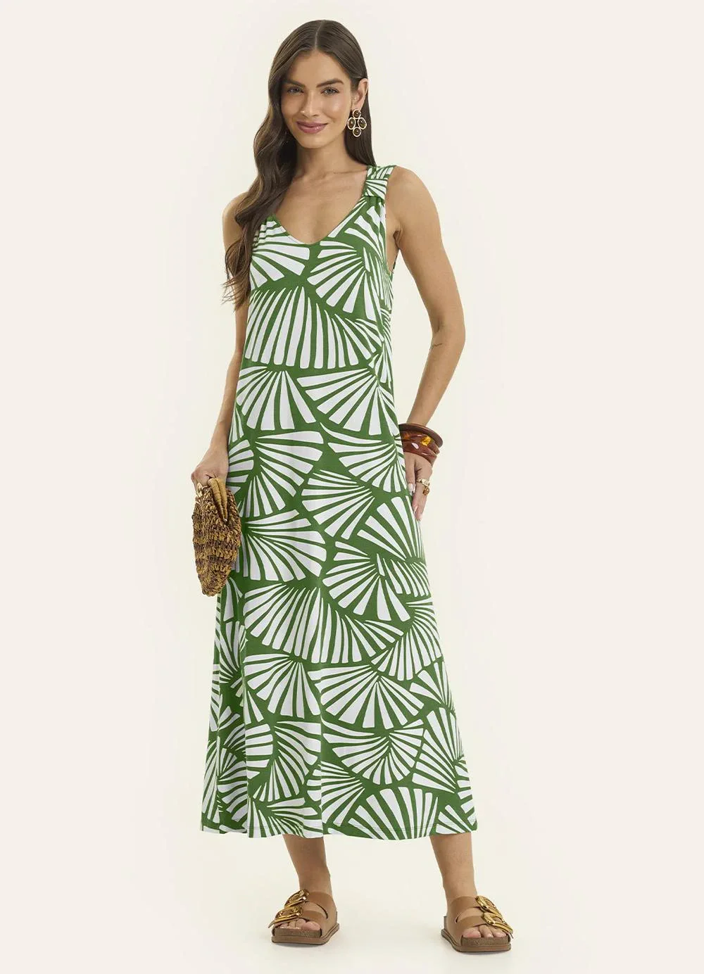 Rovitex - Vestido Midi Feminino Gola V Viscotorcion Verde