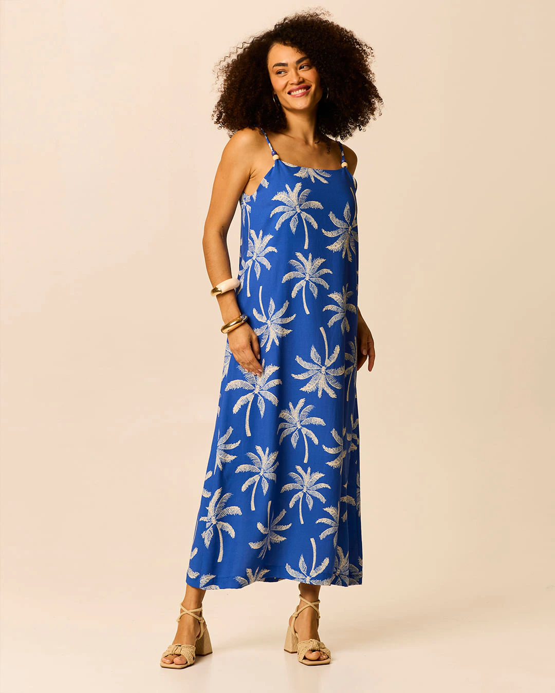 Vestido Midi Feminino Decote Reto Alça Fina Em Viscolinho Texturizado