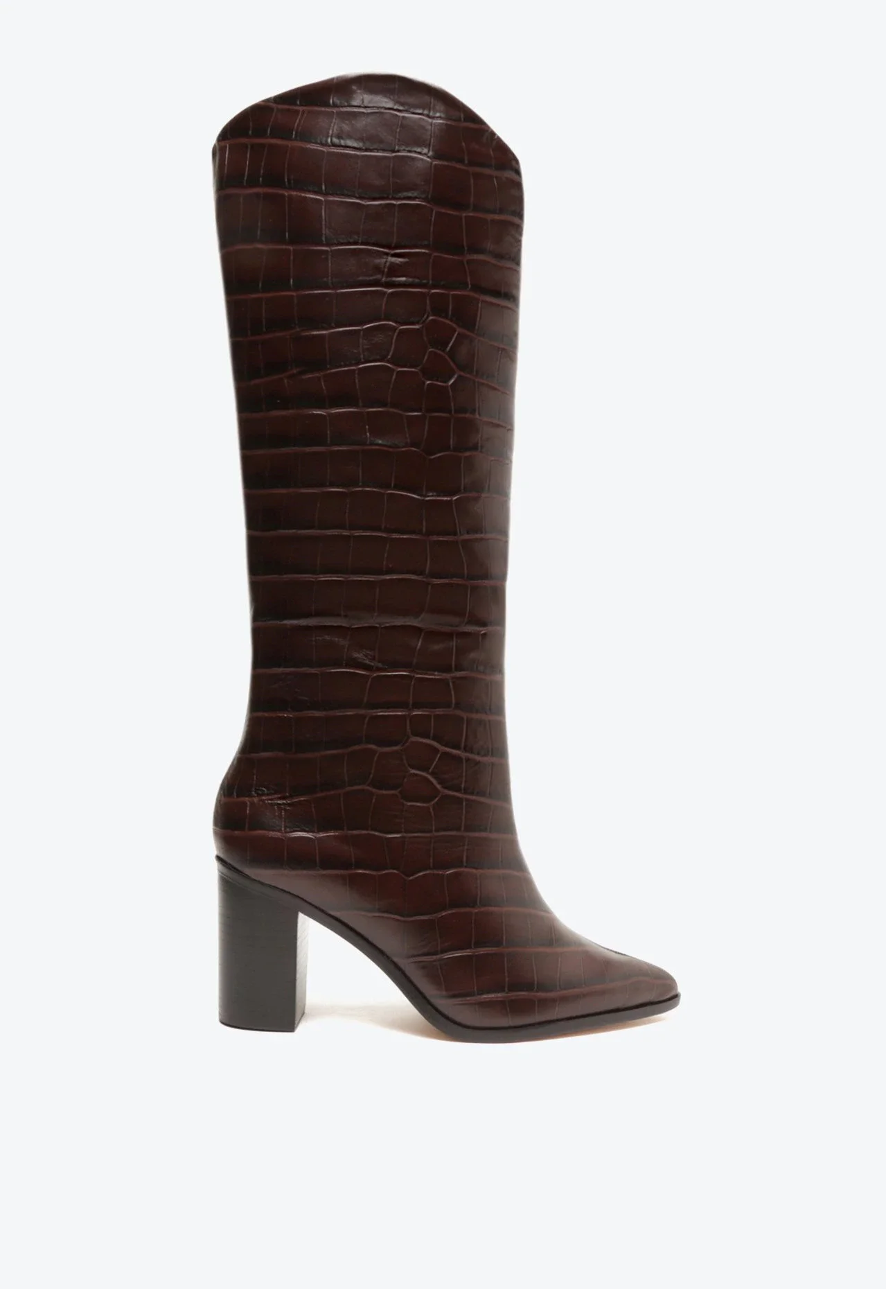 Bota Maryana Salto Bloco Couro Croco Marrom