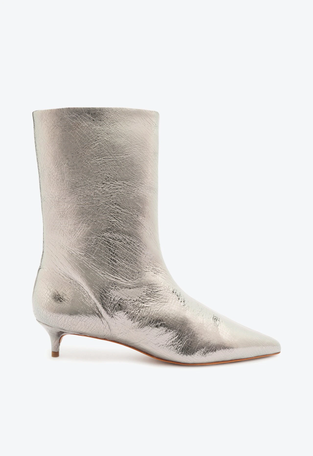 Bota Cano Médio Salto Kitten Couro Prata