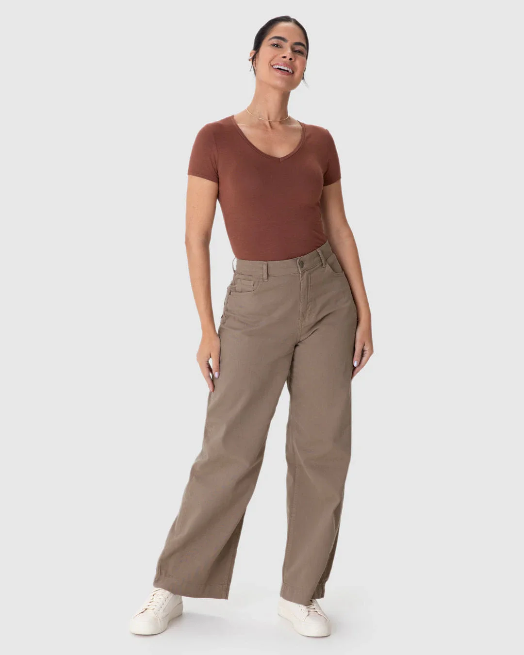 Calça Wide Leg Feminina Cintura Alta Em Sarja Com Elastano