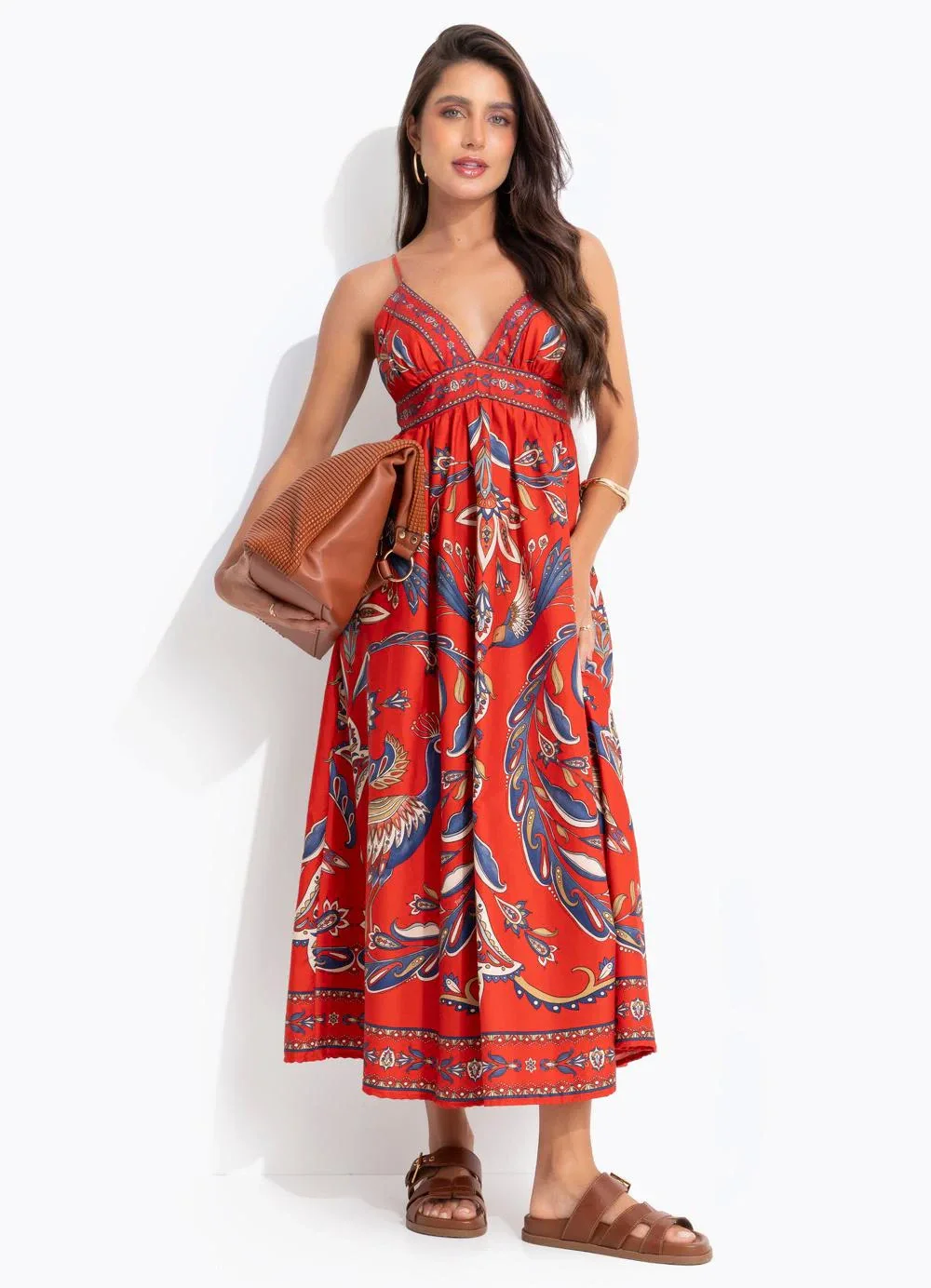 Farm - Vestido Longo Sonho de Pavão Vermelho