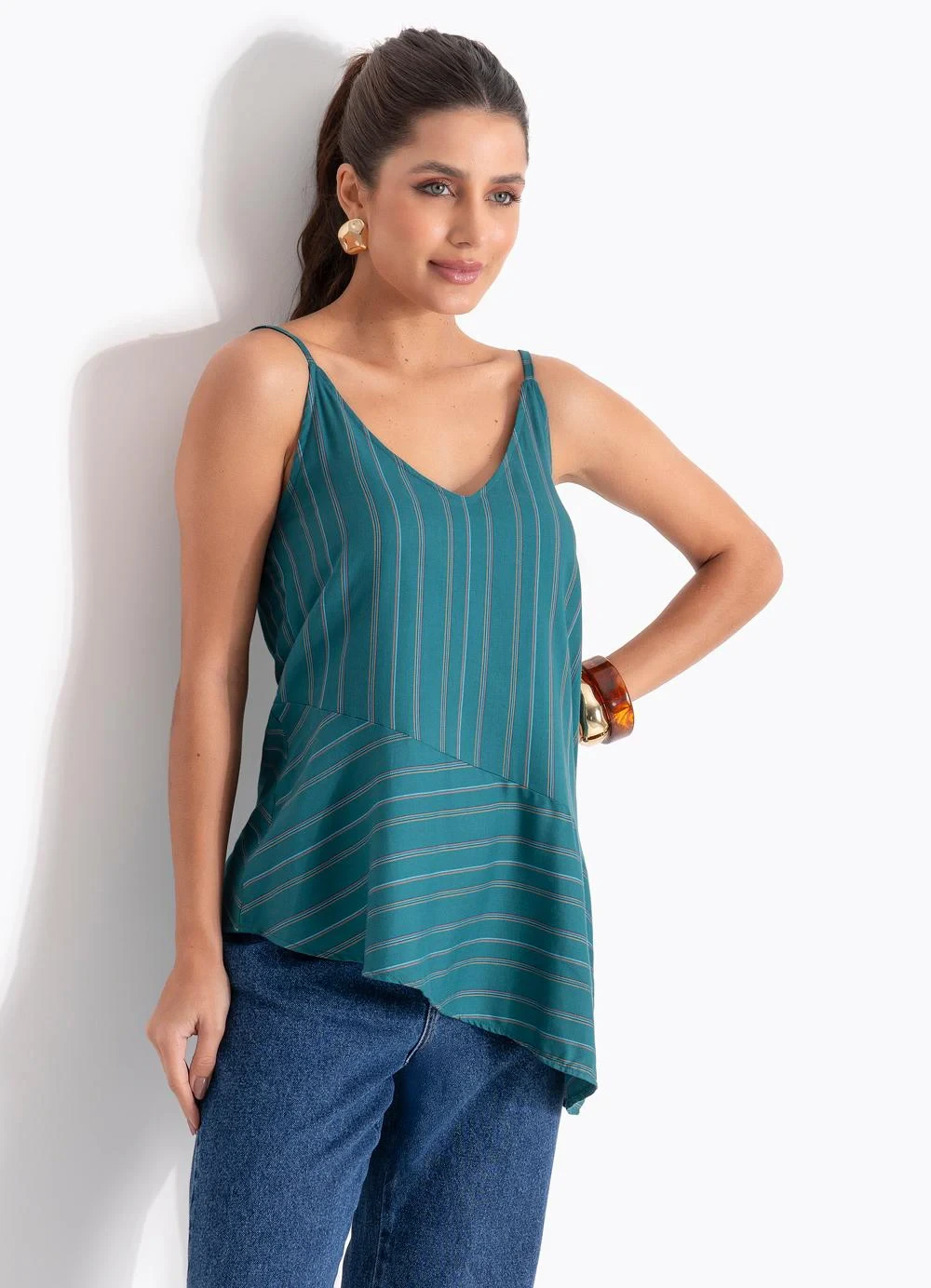 Quintess - Blusa Listrado Verde em Viscose Plana