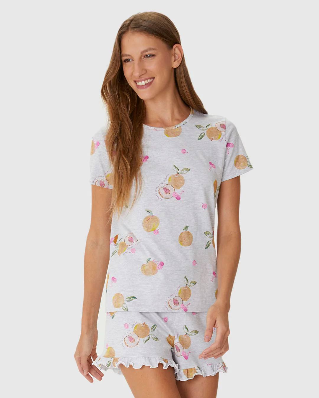 Pijama Curto Feminino Estampado Shorts Barra Picot Em Algodão