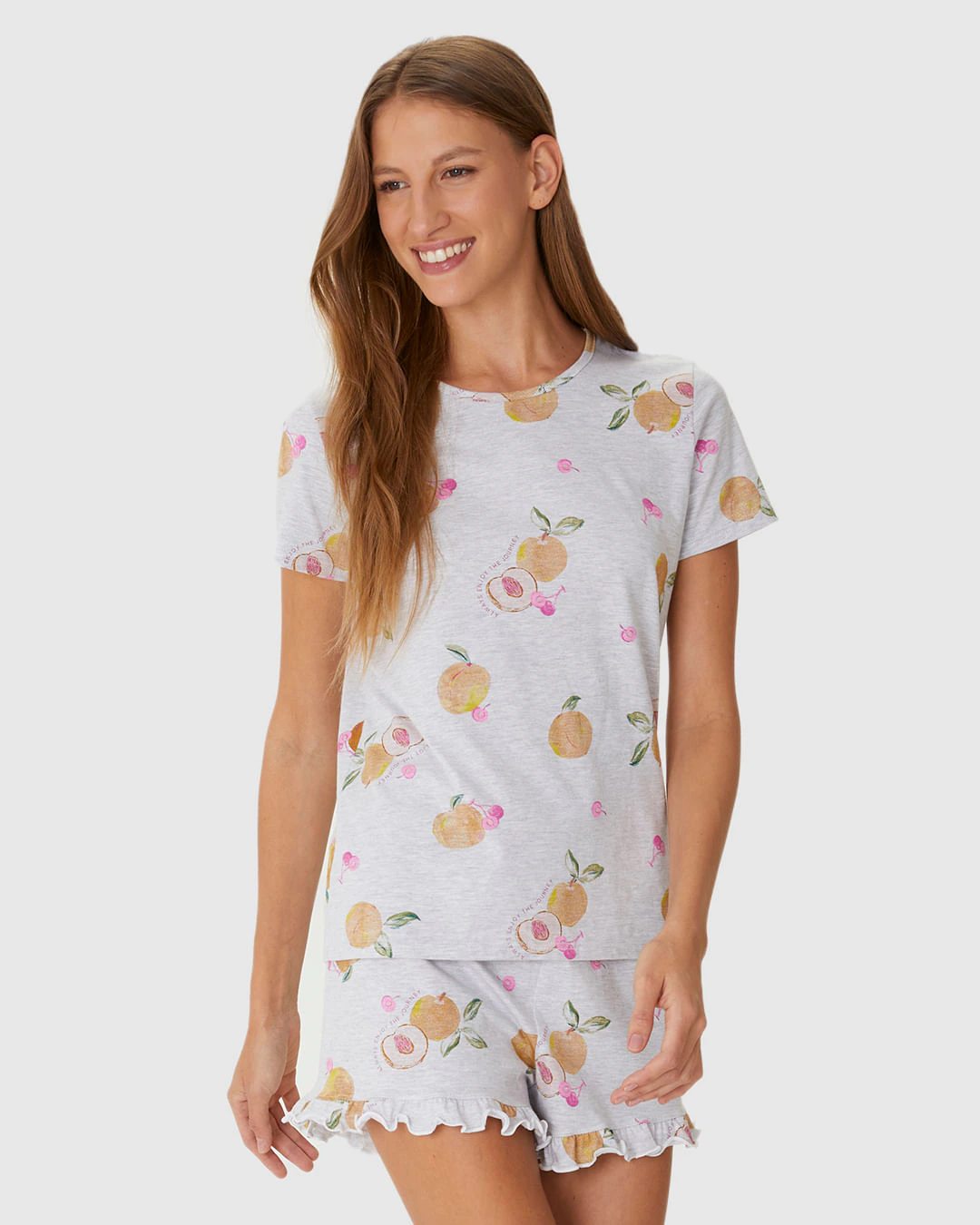 Pijama Curto Feminino Estampado Shorts Barra Picot Em Algodão