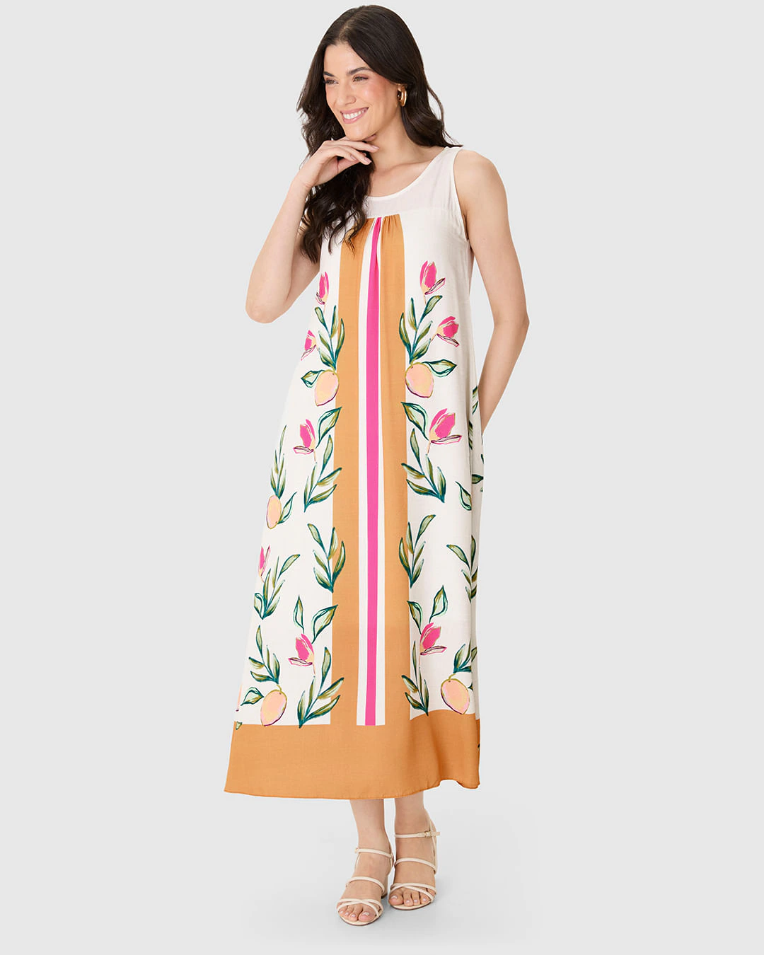 Vestido Midi Feminino Evasê Estampa Frente E Costas Em Viscose