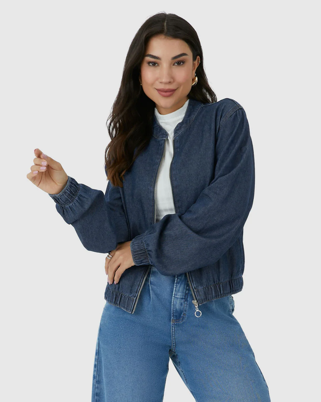Jaqueta Feminina Bomber Abertura Zíper Em Jeans Leve 100% Algodão