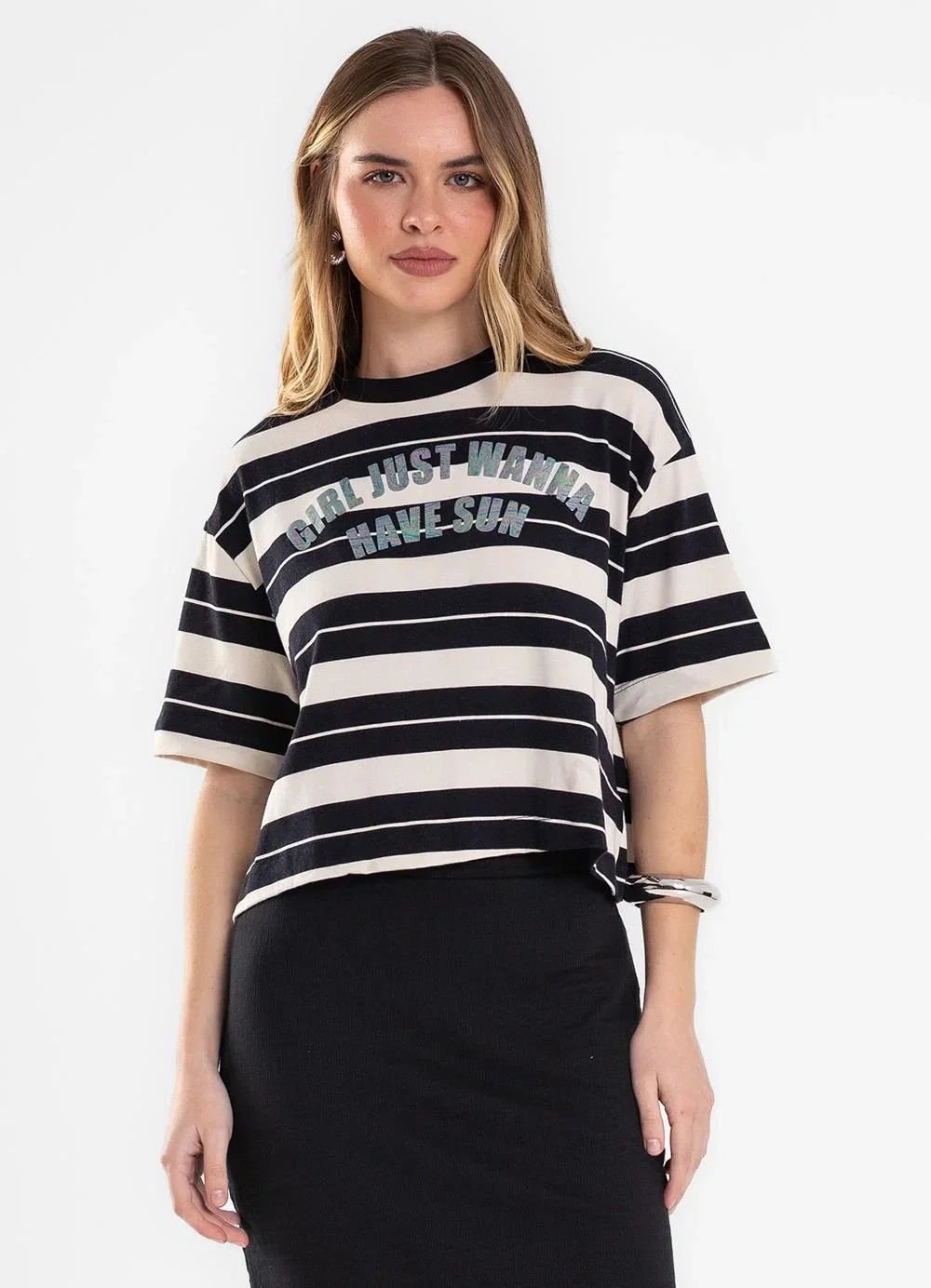 Rovitex - T Shirt Box Feminina Listrada Cotton Leve Preto