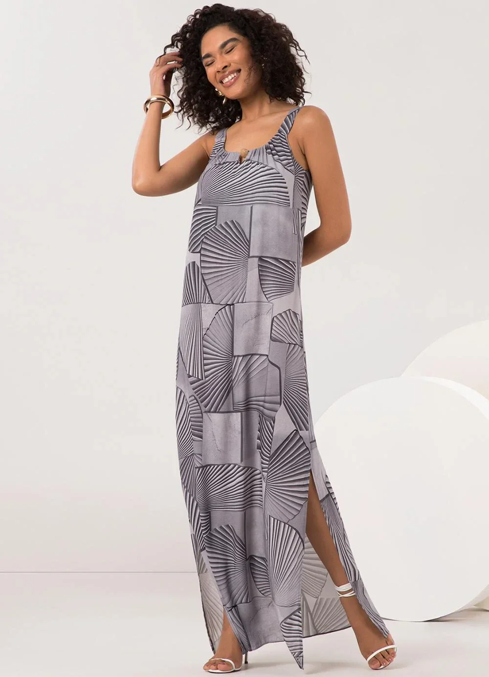 Lunender - Vestido Midi com Fendas Laterais Cinza