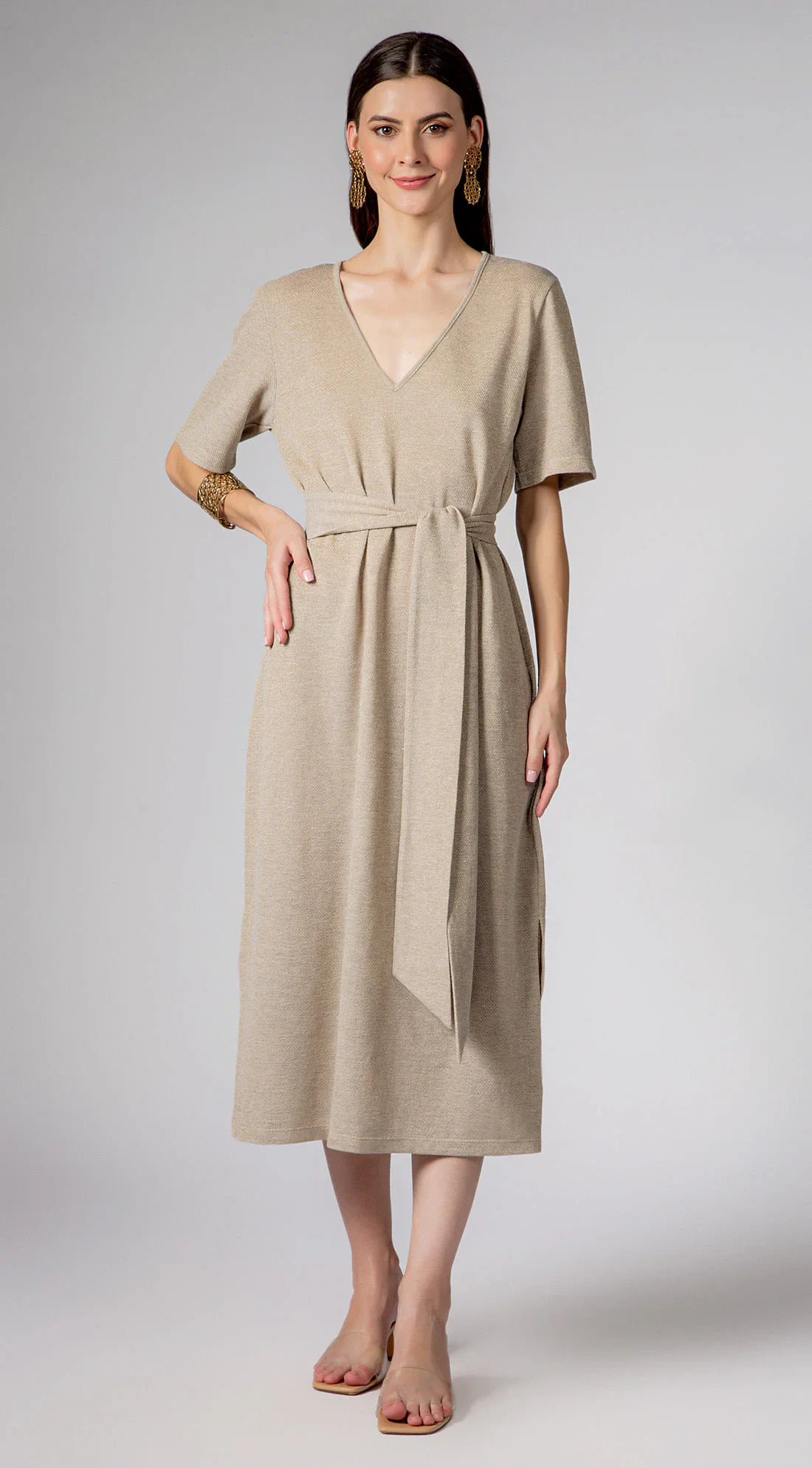 Vestido Maria.Valentina Midi Decote V Com Faixa Dourado