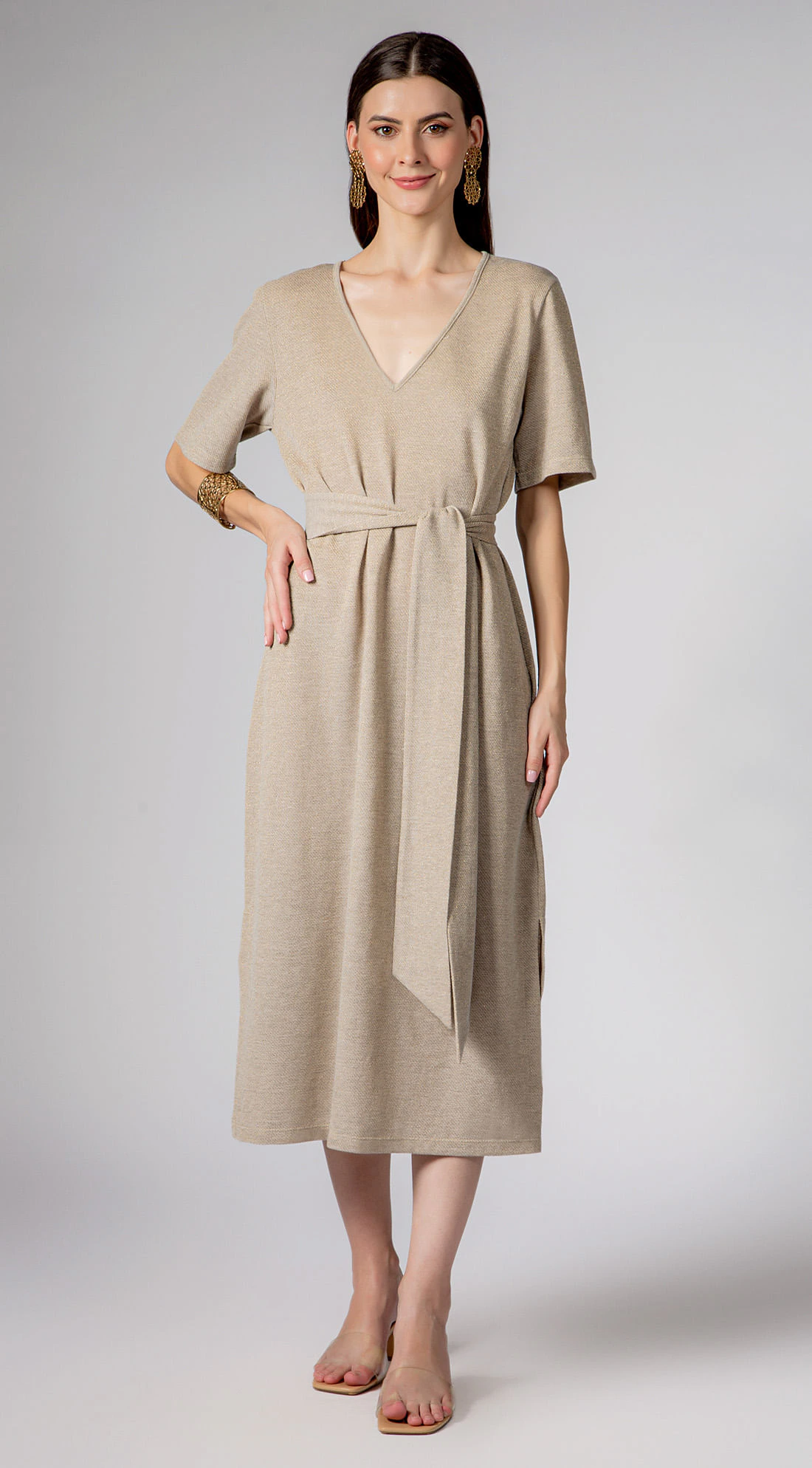 Vestido Maria.Valentina Midi Decote V Com Faixa Dourado