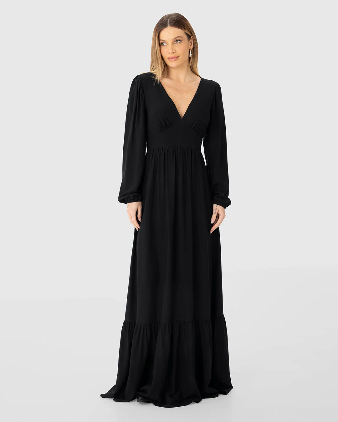 Vestido Longo Feminino Manga Longa Decote V Em Viscose - ENFIM