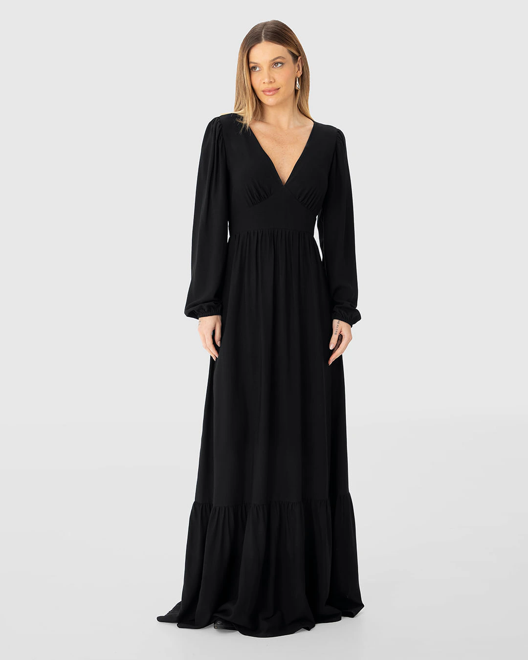 Vestido Longo Feminino Manga Longa Decote V Em Viscose - ENFIM