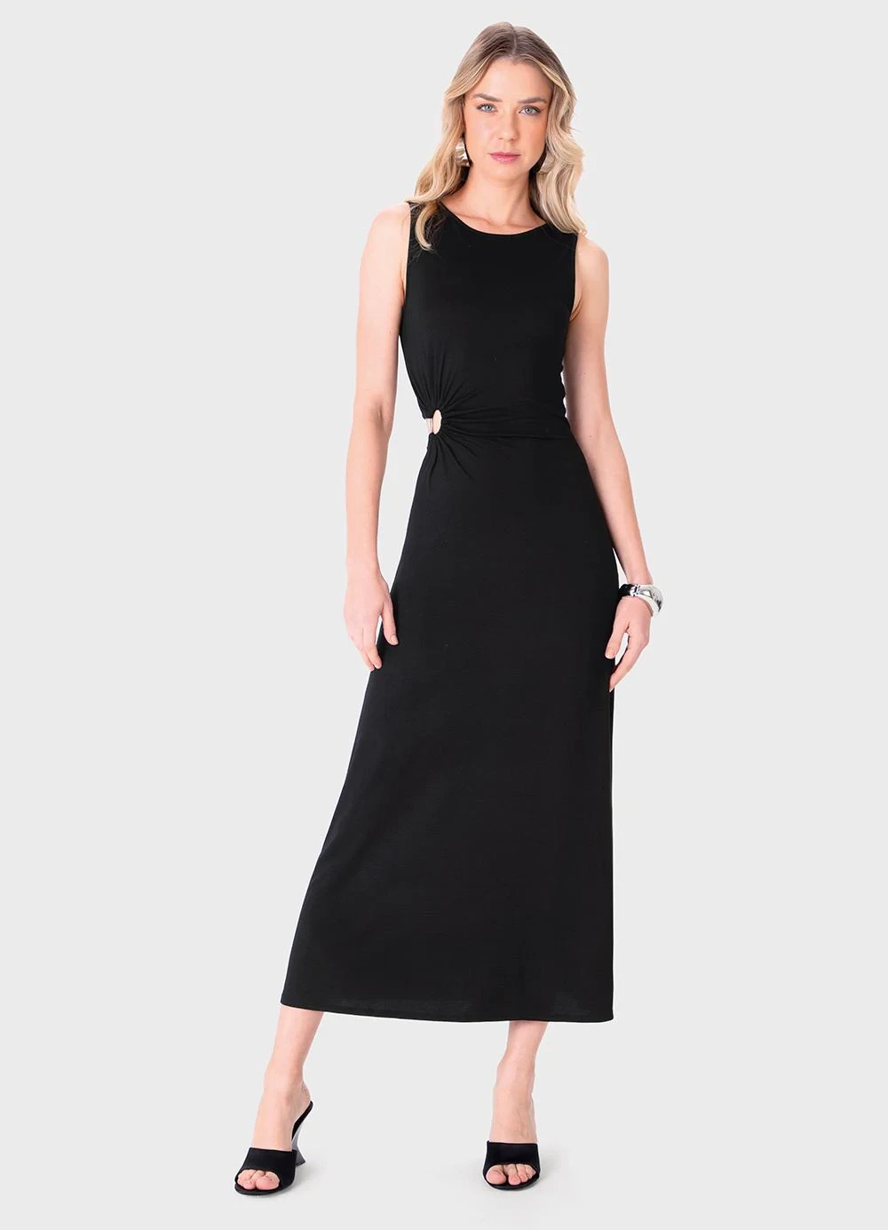Enfim - Vestido Mídi Evasê Cut Out Preto