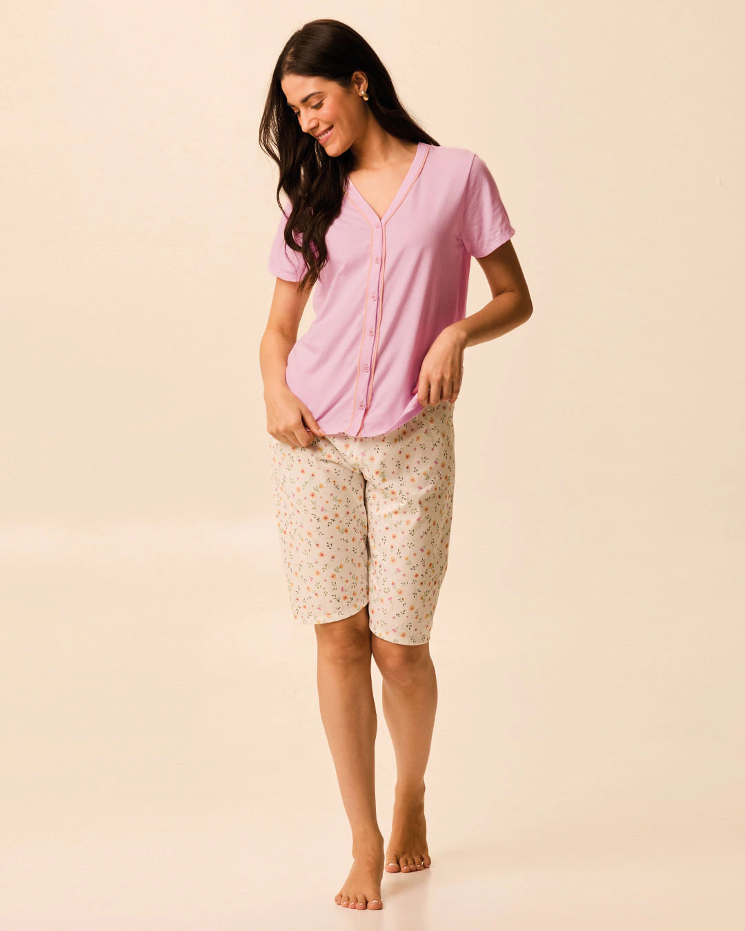 Pijama Curto Feminino Camisa Abotoamento Frontal E Bermuda Em Algodão